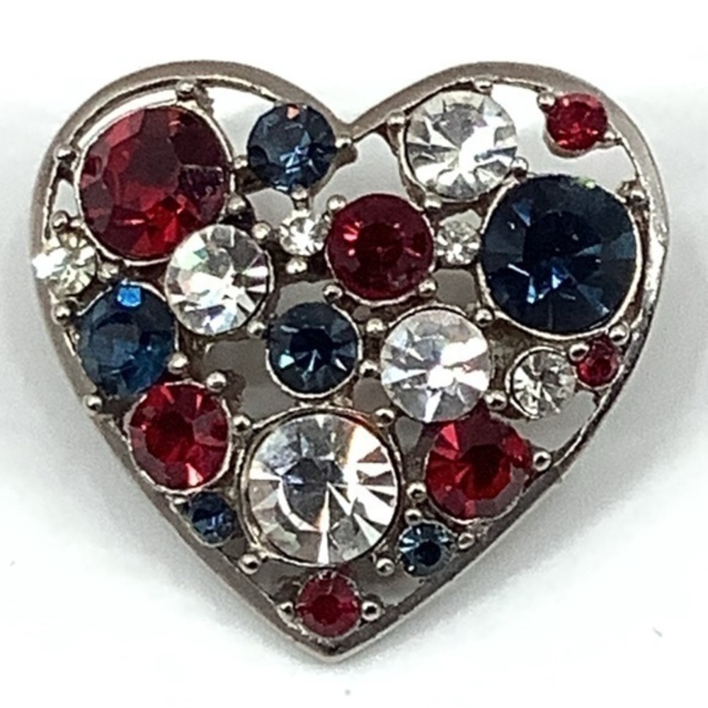Vintage Jewelry Brooch Beautiful Red Clear Blue Patriotic Heart Silver Tone Pin